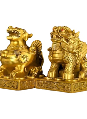黄铜方底单角铜貔貅中式招财摆件