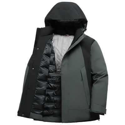 老人头羽绒服爸爸装2024年新款男士红色连帽冬季户外工装保暖外套