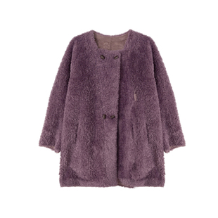 ENJOYME商场同款紫色羊羔毛外套女中长款冬季高级感百搭毛绒大衣