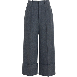 夏莫卡灰色八分阔腿裤女秋冬厚配靴子毛呢裤卷边七分羊毛靴裤6867