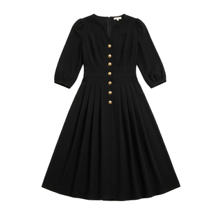 Lauran*黑色法式复古中袖连衣裙女26春夏赫本小黑裙收腰中长裙子