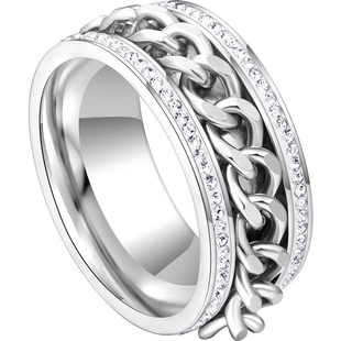 Julius/聚利时街潮钛钢可转动链条水钻戒指男戒女戒情侣戒JSB083