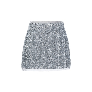 lefame拉飞姆2026春季银色亮片拼接雪纺迷你裙半身裙