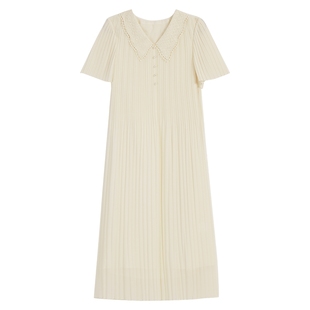 YINER音儿专选2025夏季新款法式刺绣蕾丝V领压褶H型轻薄连衣裙