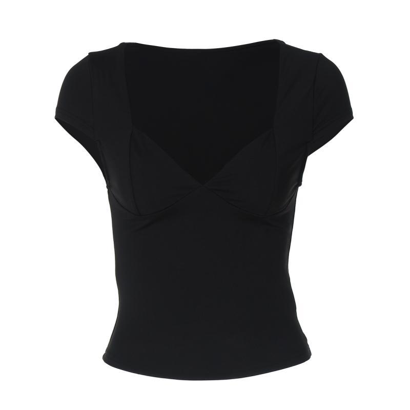 shemoda法式低胸深V领短袖T恤女 夏季日常百搭纯色修身辣妹短上衣