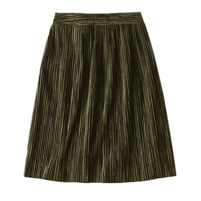 素雅不单调复古条绒及膝百褶伞裙半身裙春装米虫爱吃米女丝绒短裙