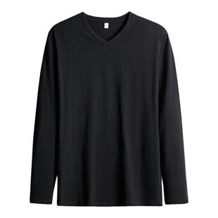 男装纯棉潮流男士长袖T恤V领内搭上衣服体恤打底衫白色纯色秋衣