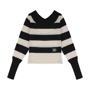 REOY Stu”韩版ason字母as刺绣露肩款长袖修身条纹打底针织衫毛衣