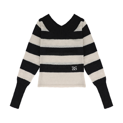 REOY Stu”韩版ason字母as刺绣露肩款长袖修身条纹打底针织衫毛衣