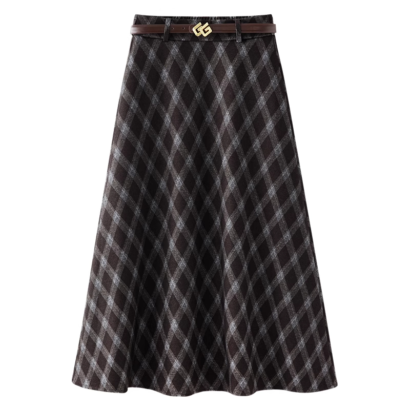 毛呢格子半身裙女秋冬2025新款显瘦美拉德棕色复古格纹中长裙伞裙