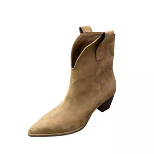 饰与美韩国东大门新款靴子尖头粗跟中跟套筒接头西部牛仔短靴女潮