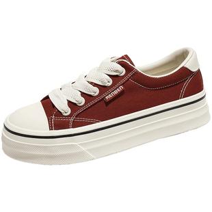 人本官方店红色帆布鞋女款2025新款秋季百搭透气休闲运动板鞋复古