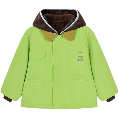 [防水透湿]woobaby儿童25加绒保暖连帽小蛋壳外套撞色巴恩风套装