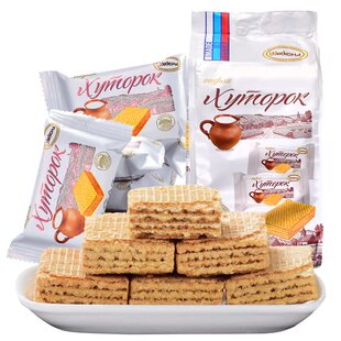 俄罗斯进口食品早餐威化休闲小农庄奶罐牛奶芝士威化饼干袋装