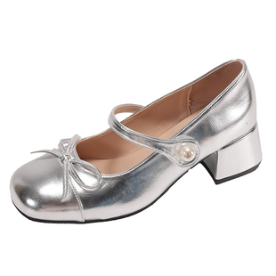 法式银色玛丽珍鞋女2026新款春季百搭配裙子圆头粗跟浅口气质单鞋