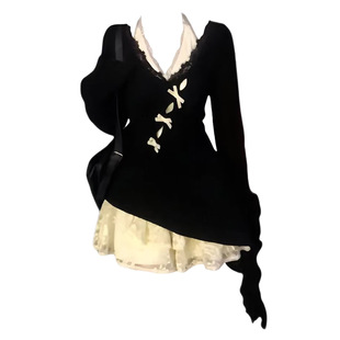 现货甜辣纯欲蕾丝挂脖吊带裙女秋冬不规则针织罩衫蛋糕裙两件套装