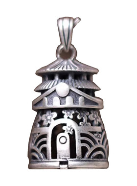 可打开阁楼香囊吊坠女中国风复古镀银项坠挂件佩戴香丸项链项链