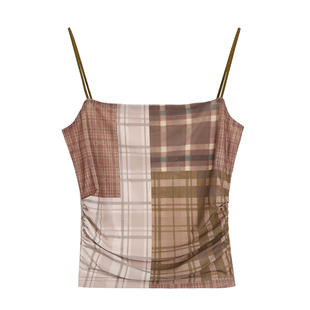 pusumede复古辣妹挚爱!拼色格纹吊带背心女小众网纱印花短款上衣