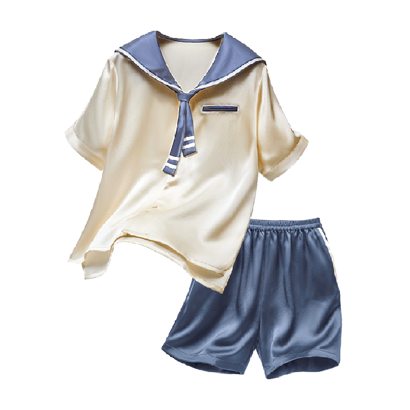 Q21100%真丝海军家居服套装
