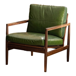 观见 单人主人沙发椅黑胡桃色实木设计师小户型客厅休闲真皮椅子