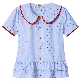 奶油的宇宙 蓝色波点荷叶边娃娃领衬衫短袖女甜美少女显瘦短上衣