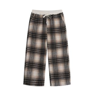 YUZI 鱼子复古格纹阔腿裤宽松180克毛呢秋冬休闲显瘦鱼子大码女装