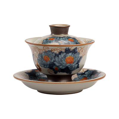 釉中汝窑青花三才盖碗茶壶茶杯