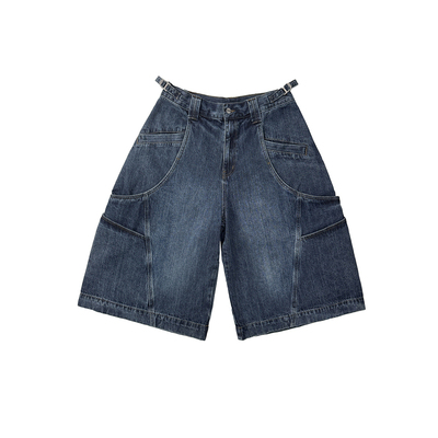 Aurocean 水洗灰蓝色竹节牛仔短裤 多口袋解构设计宽松大版中裤