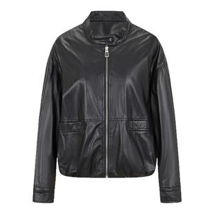 ESPRIT/埃斯普利特立领拉链短款皮衣女黑色机车风时髦皮夹克外套