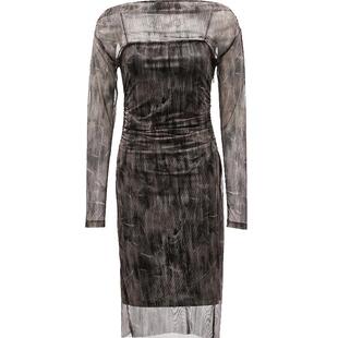 ONLY夏季波嬉风法式优雅一字领气质晕染印花中长款长袖连衣裙女|