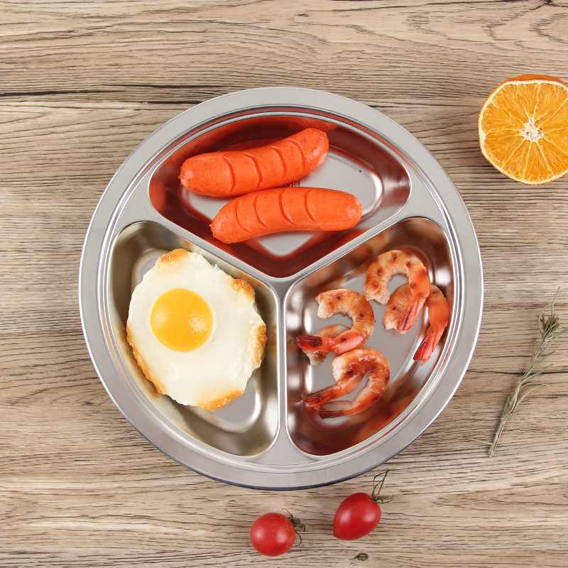 幼儿园餐盘不锈钢三格304食堂加深盘分隔号饭分格儿童圆形餐盘大