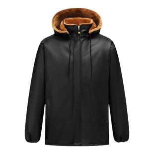 皮衣男外套加绒加厚防水宽松休闲冬季棉衣立领连帽皮衣皮裤套装男