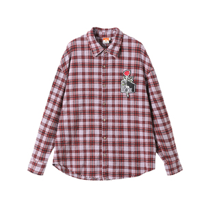 DONSMOKE美式古堡玫瑰花刺绣水洗做旧破坏grunge磨毛格子长袖衬衫