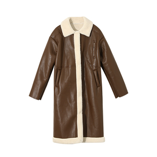 酒午港风复古气质翻领皮毛一体大衣女初春中长款宽松加厚棉服外套