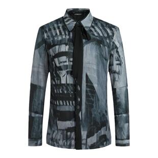 靓诺绿花翻领衬衫春秋新款女士长袖衬衣时尚气质百搭职场LC17310A