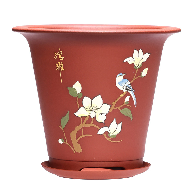 全手工泥绘玉兰报喜兰花盆