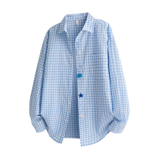 拉夏贝尔趣味纽扣多巴胺格子衬衫长袖男女同款秋季薄款泡泡纱衬衣