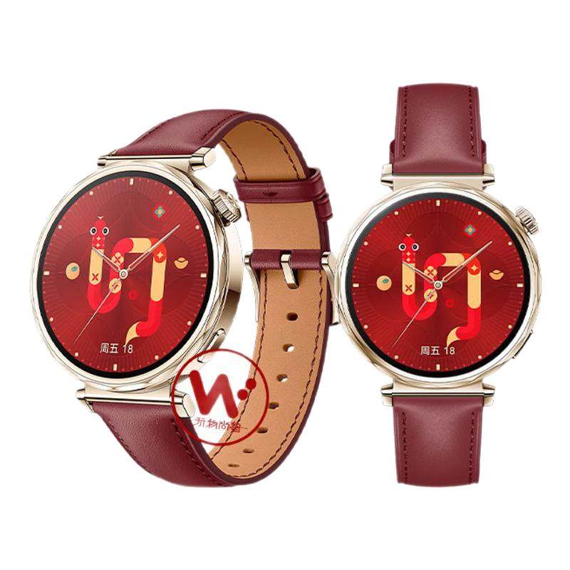 适用华为GT5手表瑞红新年款红色真皮表带gt5pro陶瓷白按压键腕表带GT4女生腕表带马鞍棕夏季41高级42mm冰晶蓝