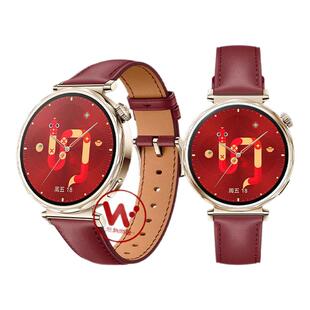 适用华为GT6手表带watch5瑞红新年款红色真皮表带gt5pro陶瓷白按压键腕表带GT4女生腕表带马41高级42秋冬