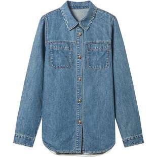 衣香丽影牛仔衬衫女叠穿衬衣2026春新款减龄翻领上衣复古蓝色外套