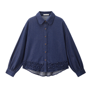 设计师款佐丹奴女装春季新款荷叶边宽松翻领长袖牛仔衬衫18345222