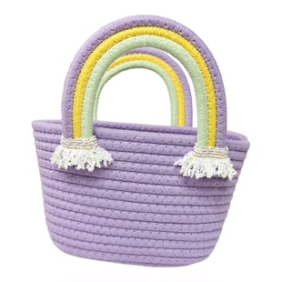 彩虹手柄编织购物篮儿童卡通手提篮棉线收纳篮装饰礼品篮