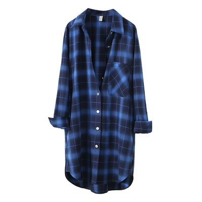 高端蓝色格子衬衫女秋冬