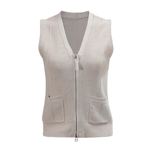 NON RESTRAIN莱赛尔天丝V领口袋背心马甲女双开拉链无袖针织开衫