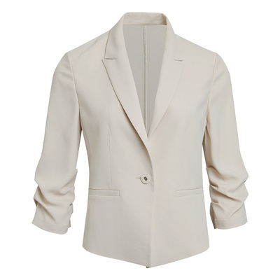 云白色抽褶七分袖收腰小西装