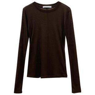 咖色微透打底衫女早秋修身透视内搭轻熟上衣网纱薄款面膜长袖t恤