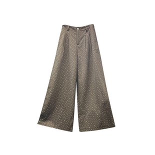 美拉德咖色碎花裤子女秋季印花垂感阔腿裤大码胖mm显瘦慵懒休闲裤