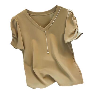 2025夏季新款V领正肩时尚气质百搭短袖T恤女链条拼接设计感上衣女