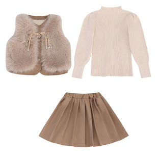 女童套装秋冬韩版洋气时髦小香风仿皮草马甲打底衫百褶裙三件套潮