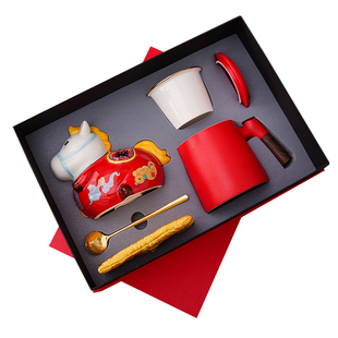 2026马年红色陶瓷水杯套装新年商务礼品生肖马茶叶罐储钱罐送礼物